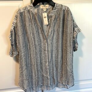 Silky soft small blouse navy blue/ white placket neck never worn new $22